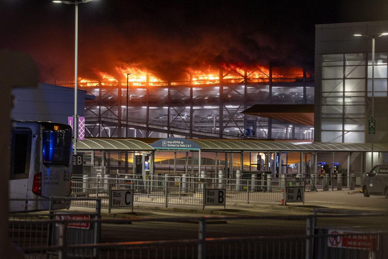 Mandatory Credit: Photo by Marcin Nowak/LNP/Shutterstock (14144341h)
A fire has started at Luton Airport's Terminal 2 car park. Emergency services are in attendance and the area has been evacuated. Access to the airport is now restricted.
Luton airport car park fire, Luton, Bedfordshire, UK - 10 Oct 2023