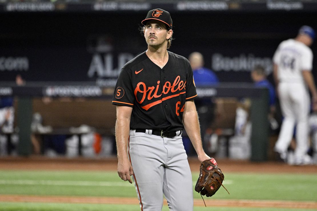 Oct 10, 2023; Arlington, Texas, USA; Baltimore Orioles starting pitcher Dean Kremer (64) is relieved in the second inning against the Texas Rangers during game three of the ALDS for the 2023 MLB playoffs at Globe Life Field. Mandatory Credit: Jerome Miron-USA TODAY Sports