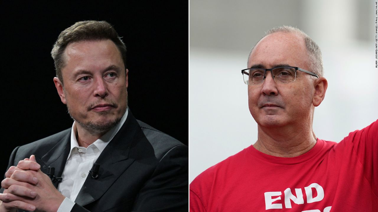 Tesla CEO Elon Musk (left); United Auto Workers President Shawn Fain (right).