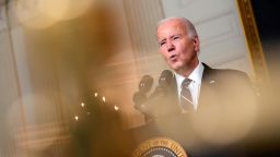 President Joe Biden delivers remarks on the Hamas terrorist attacks in Israel in the State Dining Room of the White House October 10, 2023 in Washington, DC.
