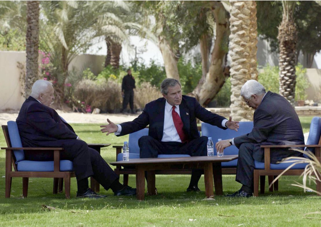 W. Bush, Israeli Prime Minister Ariel Sharon, and Palestinian leader Mahmoud Abbas met in 2003, in the Jordanian Red Sea resort of Aqaba. 