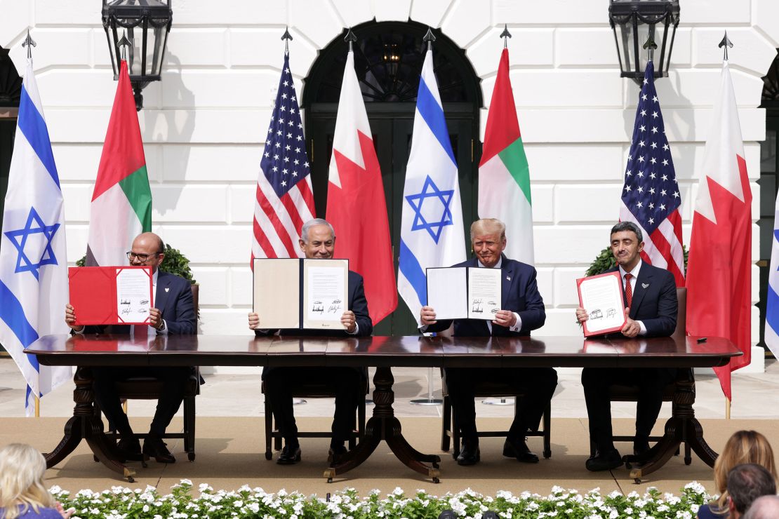 Trump appeared at the White House for the Abraham Accords signing ceremony with Foreign Affairs Minister of Bahrain Abdullatif bin Rashid Al Zayani, Prime Minister of Israel Benjamin Netanyahu, and Foreign Affairs Minister of the United Arab Emirates Abdullah bin Zayed bin Sultan Al Nahyan.