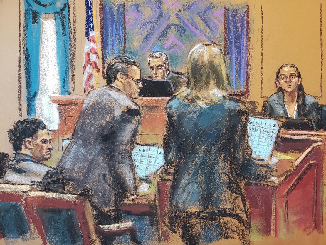 Assistant U.S. Attorney Danielle Sassoon questions Caroline Ellison as defense lawyer Mark Cohen stands to object at Sam Bankman-Fried's fraud trial in New York City on October 11, 2023, in this courtroom sketch. 