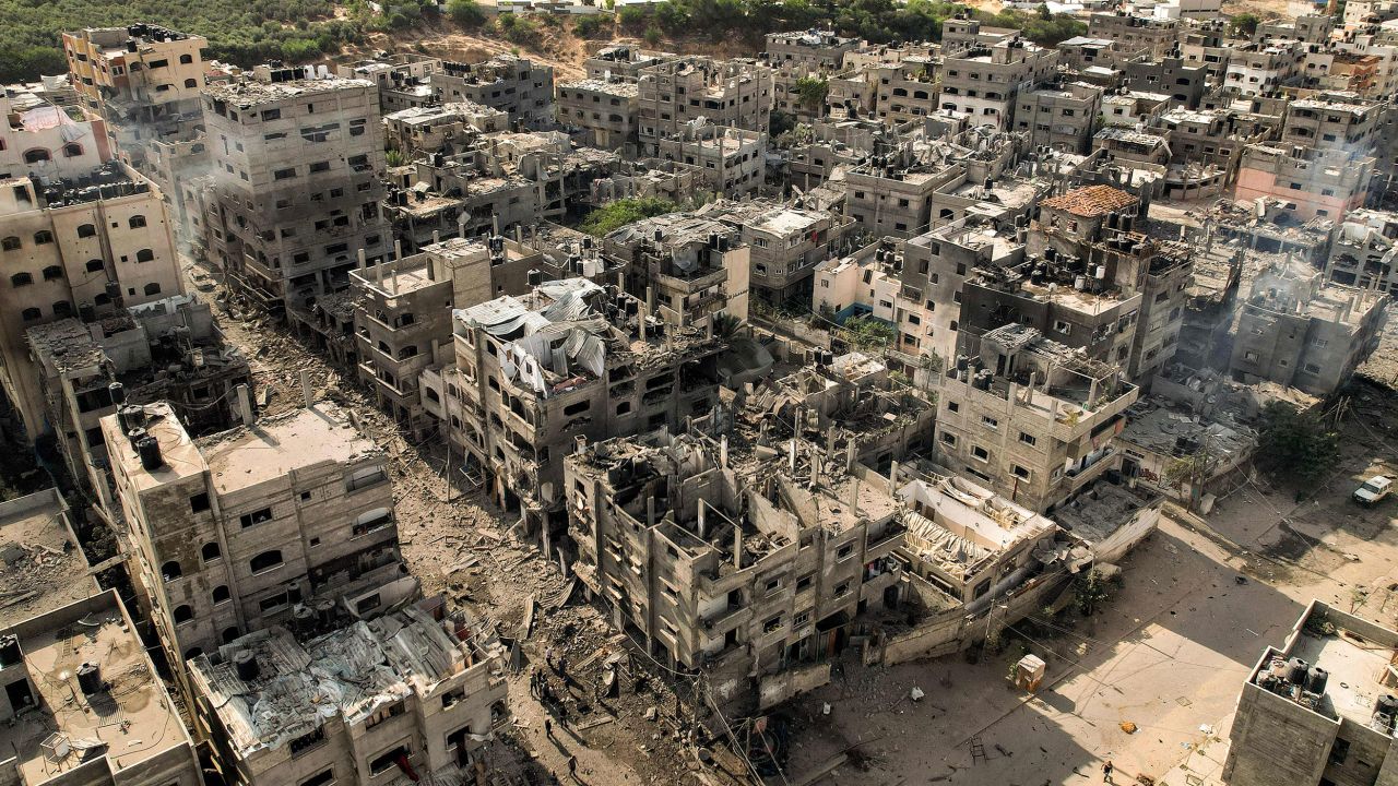 Buildings destroyed by Israeli air strikes in the Jabalia camp for Palestinian refugees in Gaza City. 