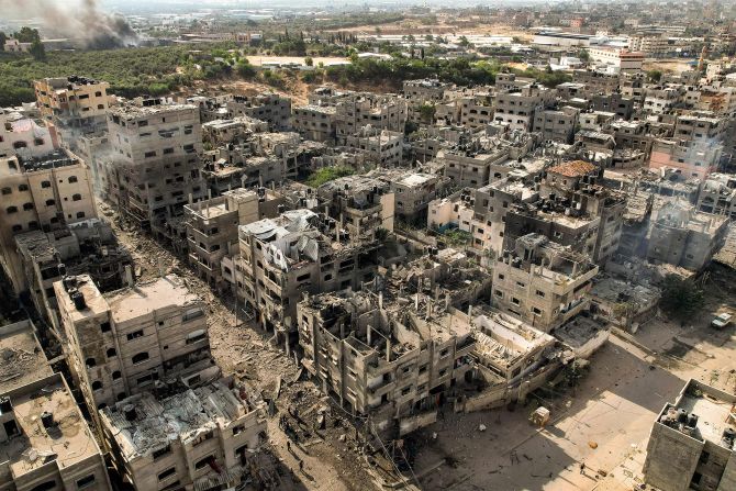 An aerial view of buildings destroyed by Israeli airstrikes at the Jabalia refugee camp in Gaza City on October 11.
