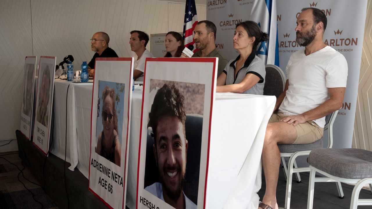 Relatives of citizens missing since Saturday's attack by Hamas near the Gaza border, in Tel Aviv, Israel attend a news conference on Tuesday, Oct. 10, 2023.