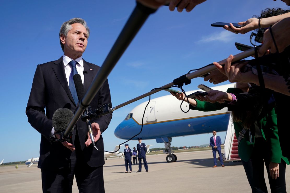 Secretary of State Antony Blinken speaks before boarding a plane, Wednesday Oct. 11, 2023, at Andrews Air Force Base, Md., en route to Israel.