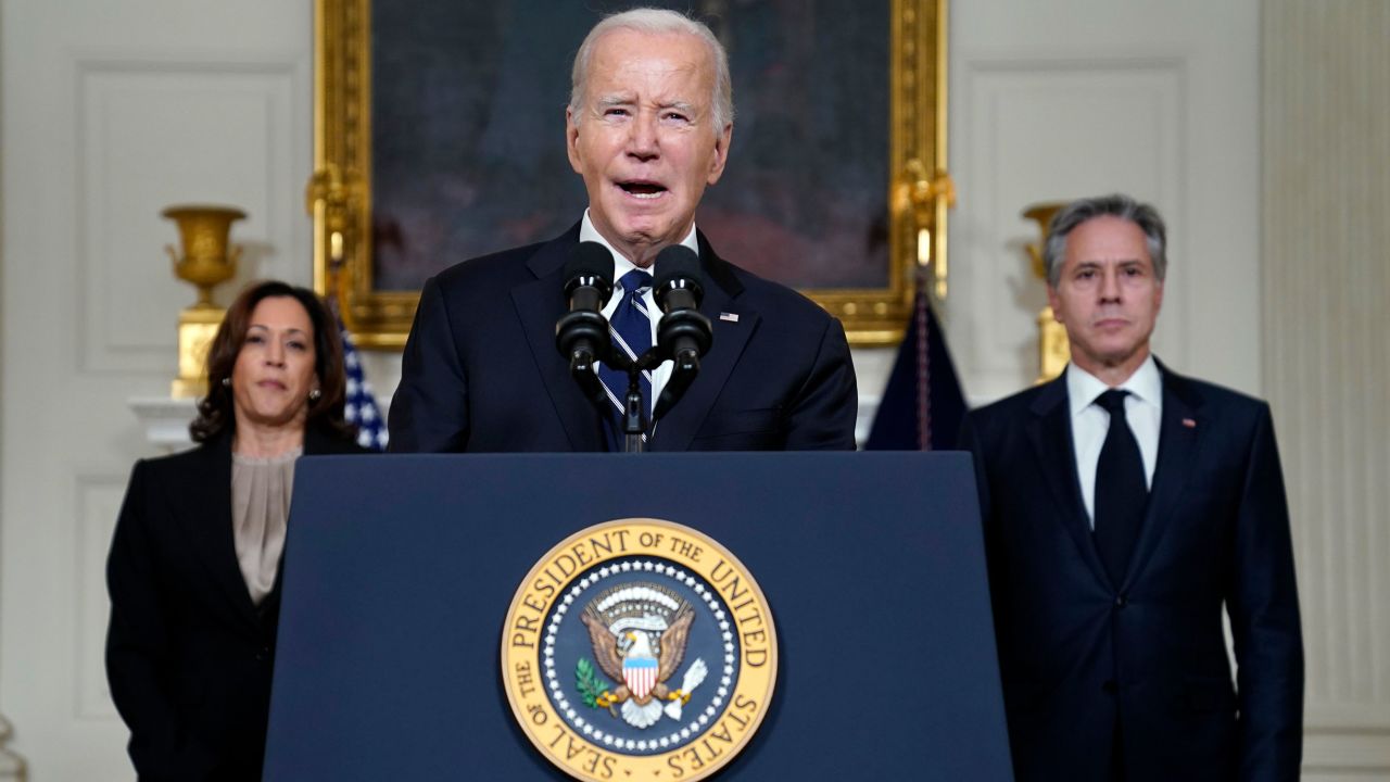 President Joe Biden speaks about the war between Israel and Hamas, as Vice President Kamala Harris and Secretary of State Antony Blinken listen, Oct. 10, 2023.