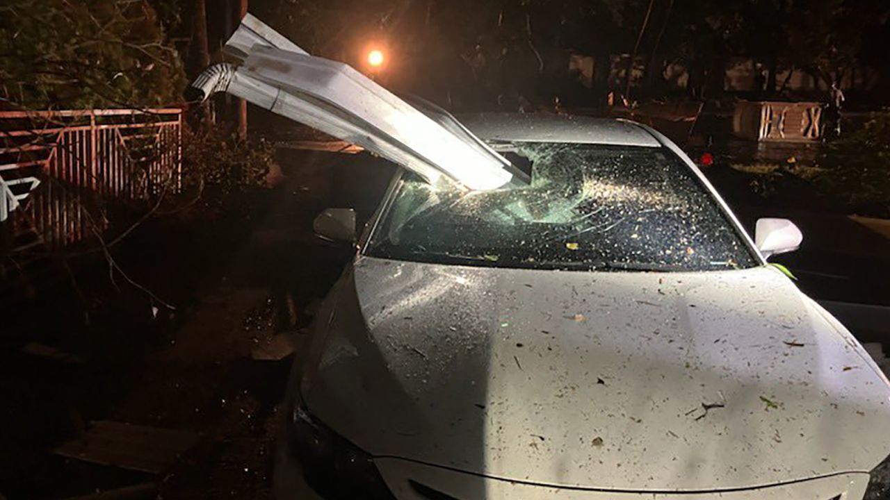 A reported tornado in Clearwater Beach, Florida, sent debris flying that impaled this vehicle. 