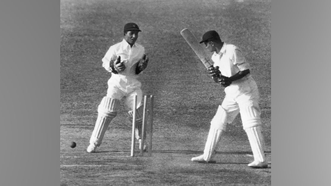 Indian batsman Vijay Hazare is bowled by Pakistan's Amir Eliah during the Test Match in New Delhi in 1952. 