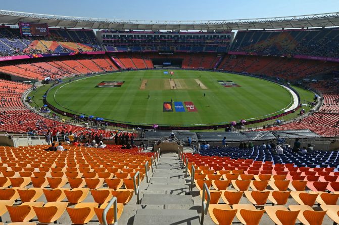 This picture shows a general view of the Narendra Modi Stadium during the 2023 ICC men's cricket World Cup one-day international (ODI) match between England and New Zealand in Ahmedabad on October 5, 2023. (Photo by Money SHARMA / AFP) / -- IMAGE RESTRICTED TO EDITORIAL USE - STRICTLY NO COMMERCIAL USE -- (Photo by MONEY SHARMA/AFP via Getty Images)