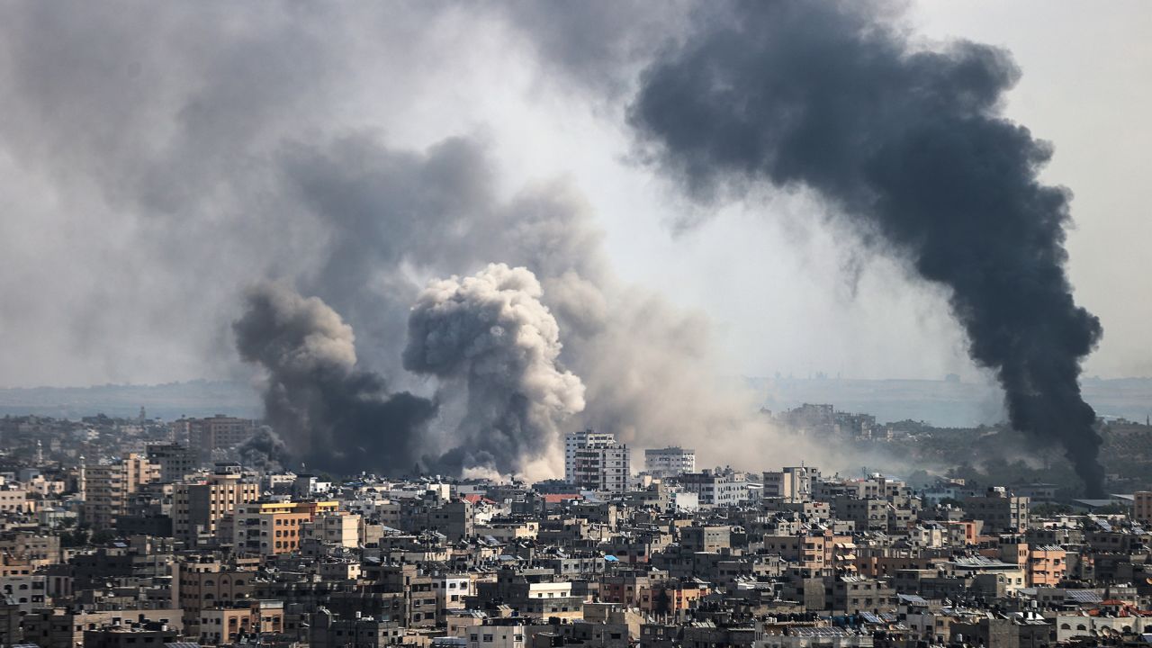 Smoke rises after an Israeli airstrike that has been going on for five days in Gaza City, Gaza on October 11.