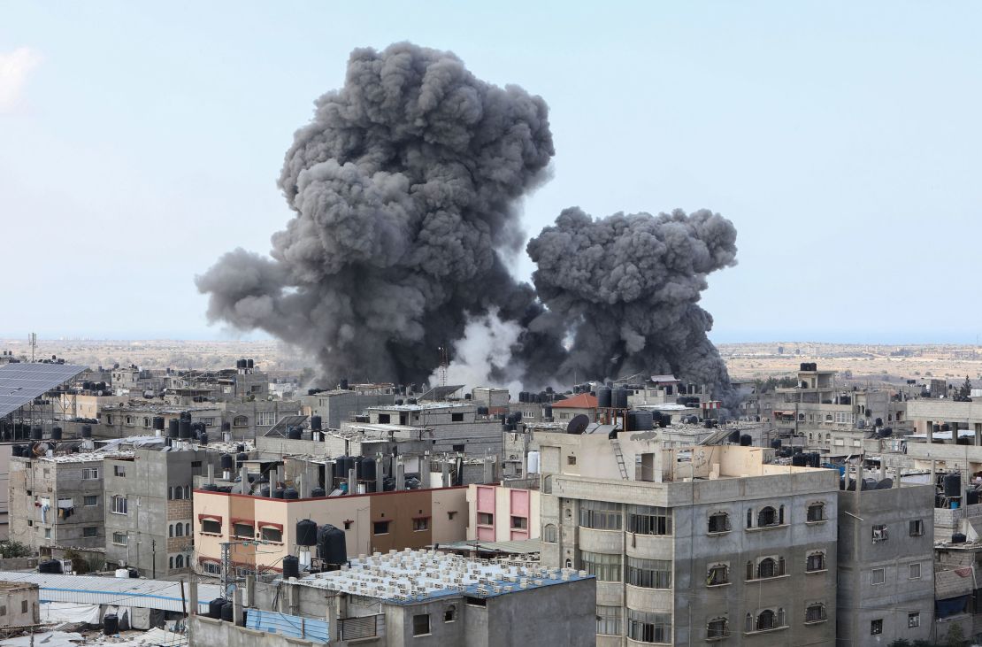 Smoke billows during an Israeli air strike in Rafah in  southern Gaza on October 12.