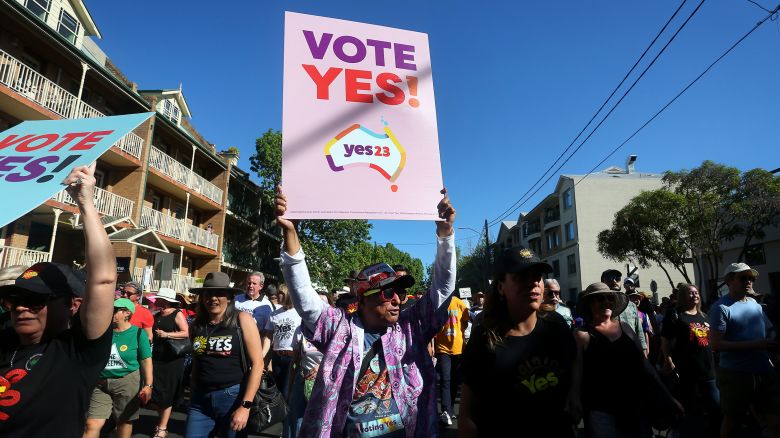 People march towards Victoria Park during a 'Walk For YES' event on September 17, in Sydney, Australia. 