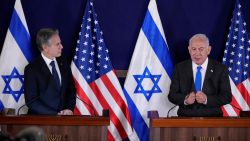 U.S. Secretary of State Antony Blinken and Israel's Prime Minister Benjamin Netanyahu make statements to the media inside The Kirya, which houses the Israeli Ministry of Defense, after their meeting in Tel Aviv, Israel, Thursday Oct. 12, 2023. Jacquelyn Martin/Pool via REUTERS