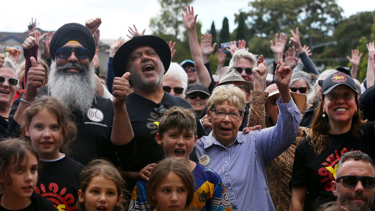 Amar Singh, Noel Pearson and Rachel Perkins join Yes supporters and local residents during an event in Sydney on October 7, 2023.
