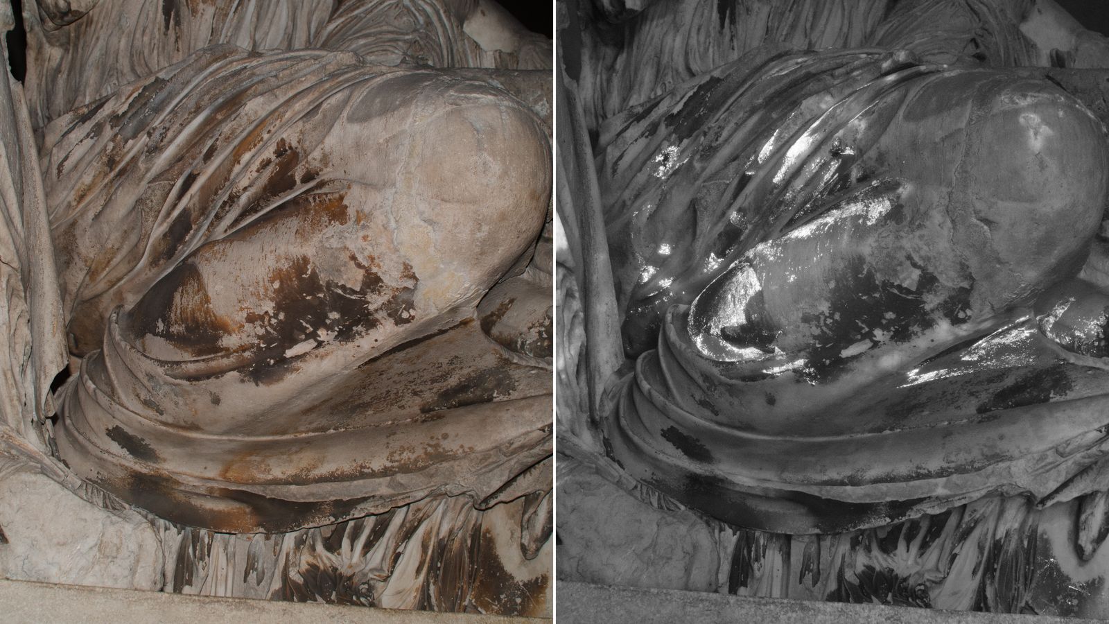 Researchers found microscopic traces of paint by using infrared light that is absorbed by the blue paint and appears on camera as a glowing white (right).