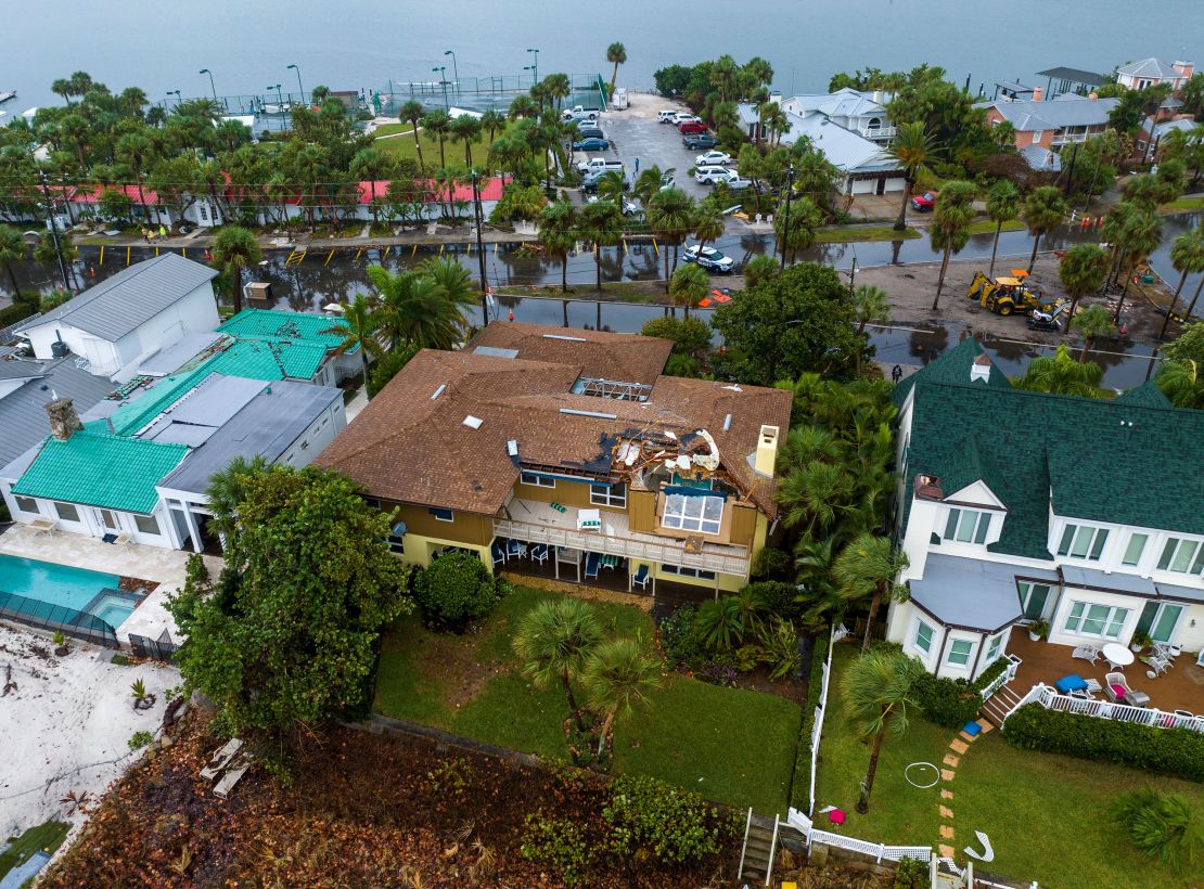 A drone view of a home damaged by a likely tornado in Clearwater. 