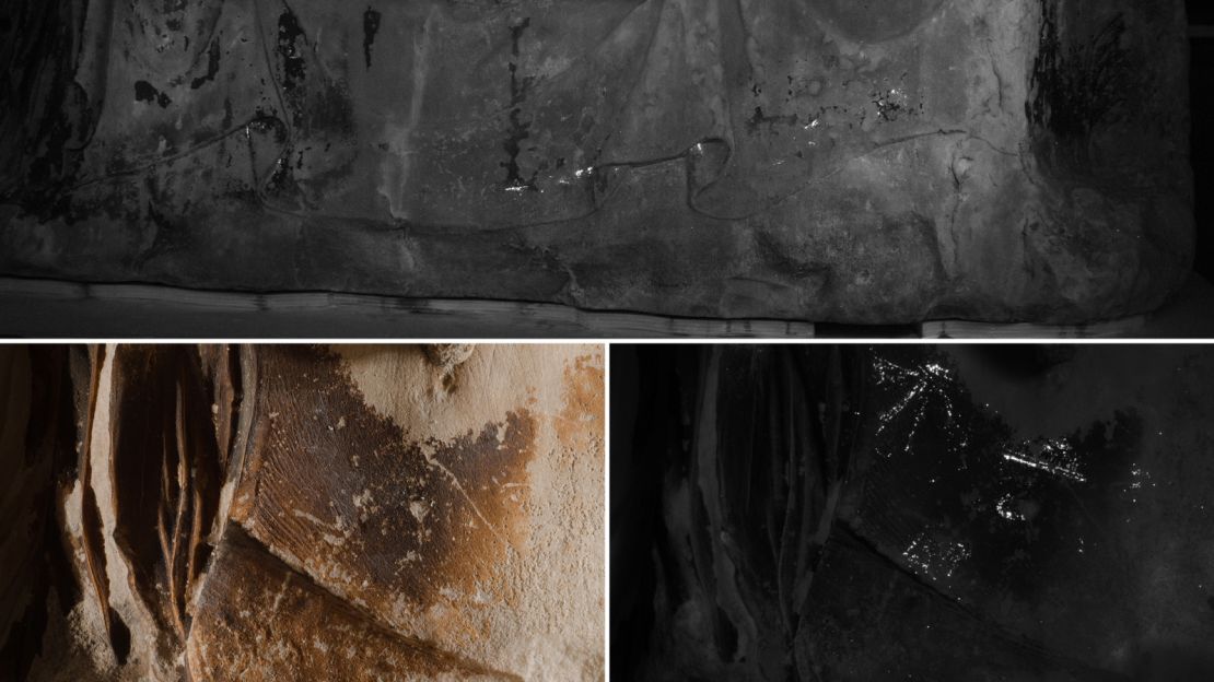 The researchers found traces of paint on 11 sculptures. Within the statue of Dione and Aphrodite, the forming of flower petals was found (bottom right).