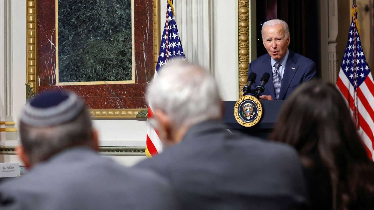 President Joe Biden participates in a roundtable with Jewish community leaders in the Indian Treaty Room in the East Wing of the Eisenhower Executive Office Building in Washington, DC, on Wednesday, October 11.