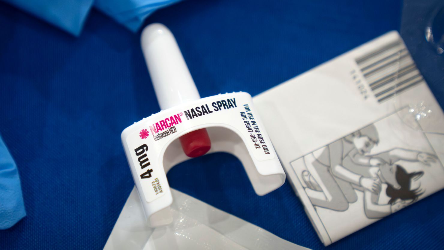 A container of Narcan, a brand name version of the opioid overdose-reversal drug naloxone, sits on a table following a demonstration at the Health and Human Services Humphrey Building on Friday, September 8, in Washington, DC.