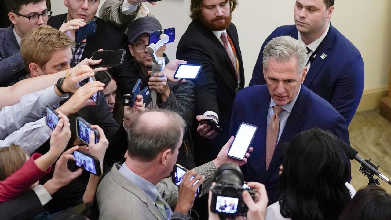 Former House Speaker Rep. Kevin McCarthy talks with reporters at the Capitol in Washington, DC, on Thursday, October 12.