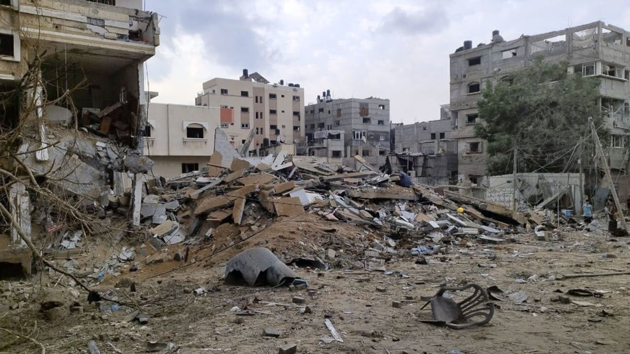 What remains of Maisara Baroud's building after Israeli airstrikes turned it to rubble.