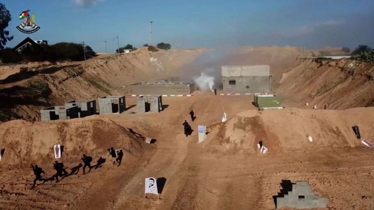 A still from a video shows Hamas militants at a training camp near the Gaza-Israel border.