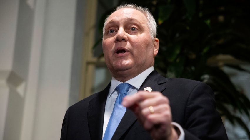 Rep. Steve Scalise (R-La.) speaks with reporters as he departs a House Republican Conference meeting during which he announced he was withdrawing himself from consideration to be Speaker of the House at the U.S. Capitol Oct. 12, 2023. (Francis Chung/POLITICO via AP Images)