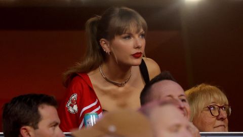 KANSAS CITY, MISSOURI - OCTOBER 12: Taylor Swift and Donna Kelce look on before the game between the Kansas City Chiefs and the Denver Broncos at GEHA Field at Arrowhead Stadium on October 12, 2023 in Kansas City, Missouri. (Photo by Jamie Squire/Getty Images)