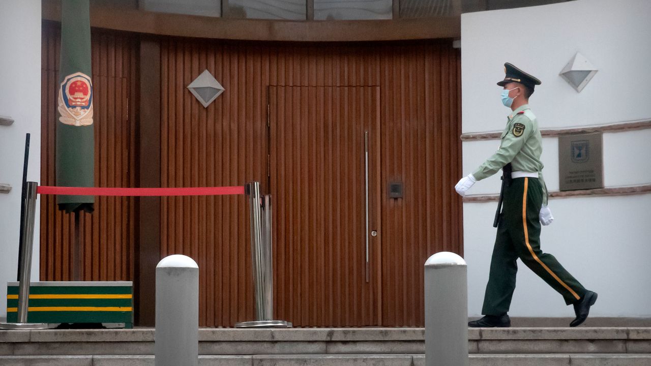 A Chinese paramilitary policeman outside the Israeli Embassy in Beijing on May 19, 2021.