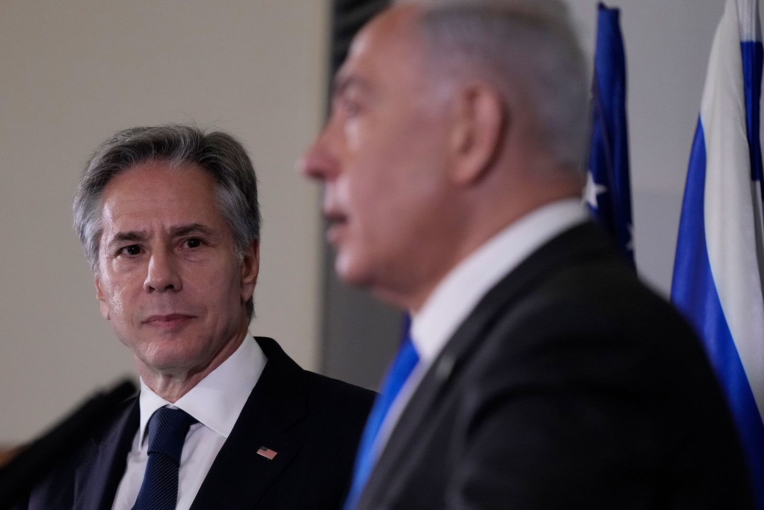 US Secretary of State Antony Blinken watches Israeli Prime Minister Benjamin Netanyahu make a statement to the media in Tel Aviv, Israel, on Thursday, October 12. Netanyahu said Hamas should be "crushed" and "spat out from the community of nations."