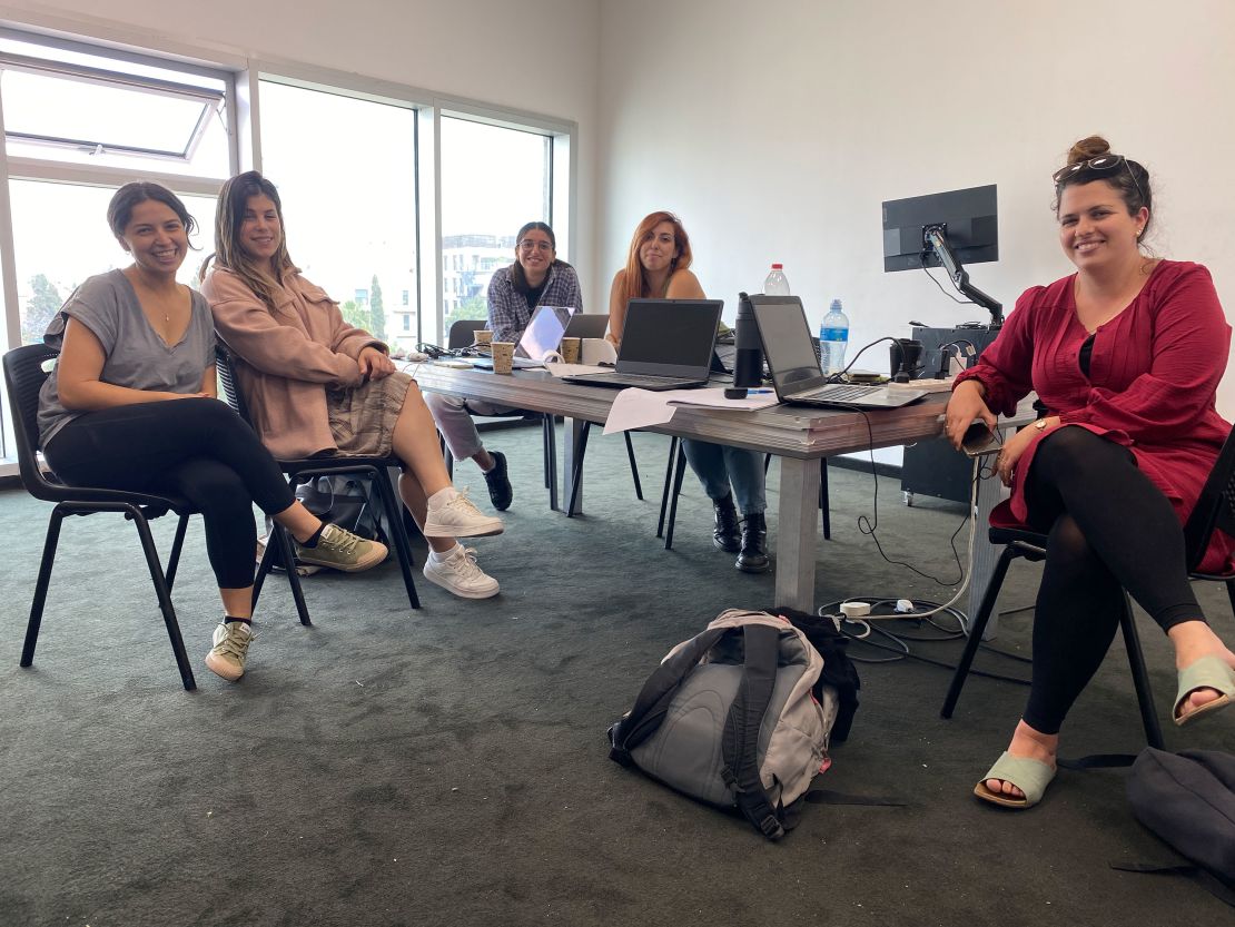 Volunteers (from left) Natalie Parry, Bat Zion Fisch, Neta Simon, Noga Doron and Jaara Bagad are coordinating mental health services at a center in Jerusalem.