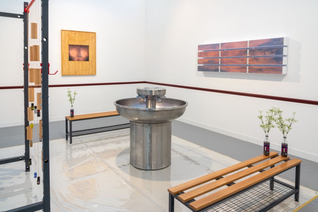 Work by Adam Farah-Saad at Public Gallery in London.
Adam Farah-Saad
NETWORK & CONTACT (N22 DISCREET MIX), 2023
Steel 6-person wash fountain, KA grape soda, water pump
112 × 105 × 105 cm
44 1/8 × 41 3/8 × 41 3/8 in