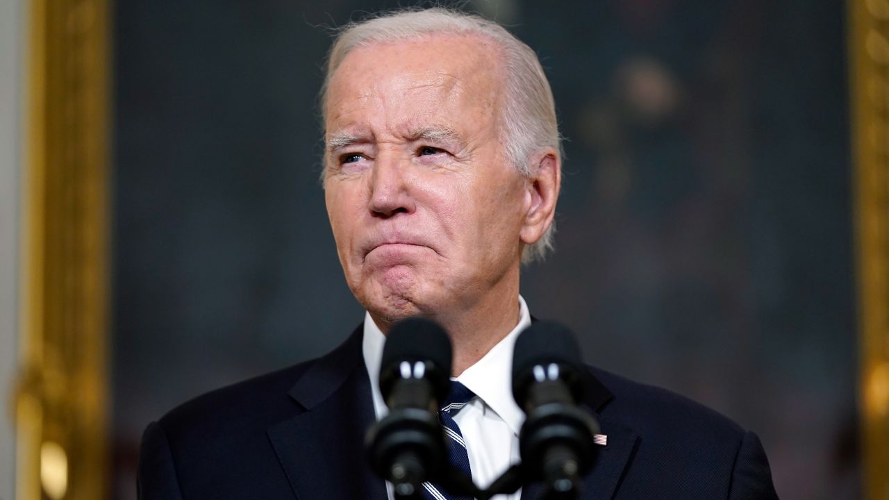 President Joe Biden speaks Tuesday, Oct. 10, 2023, in the State Dining Room of the White House in Washington, about the war between Israel and the militant Palestinian group Hamas. 