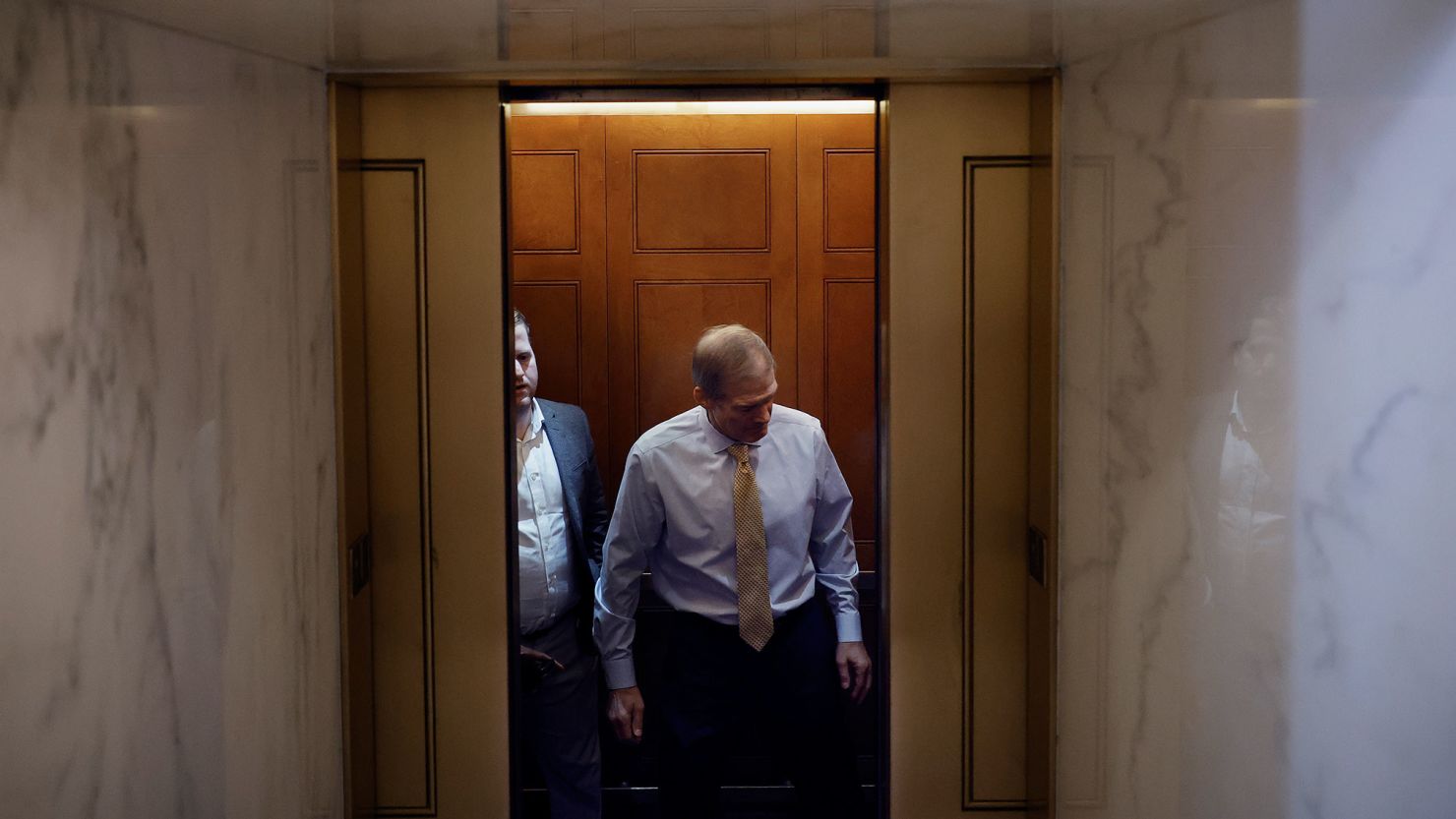 Rep. Jim Jordan boards an elevator in the U.S. Capitol following a House Republican conference meeting on October 12, 2023 in Washington, DC.