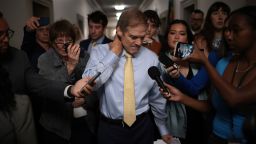 Rep. Jim Jordan speaks to reporters as House Republicans hold a caucus meeting at the Longworth House Office Building on October 13, 2023 in Washington, DC.