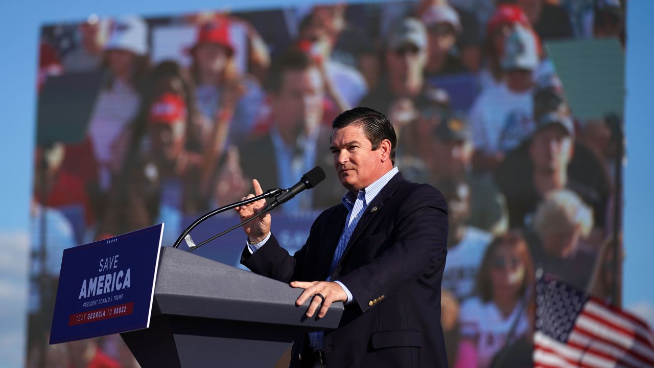 Rep. Austin Scott speaks to the crowd at a rally featuring former President Donald Trump in September 2021 in Perry, Georgia.