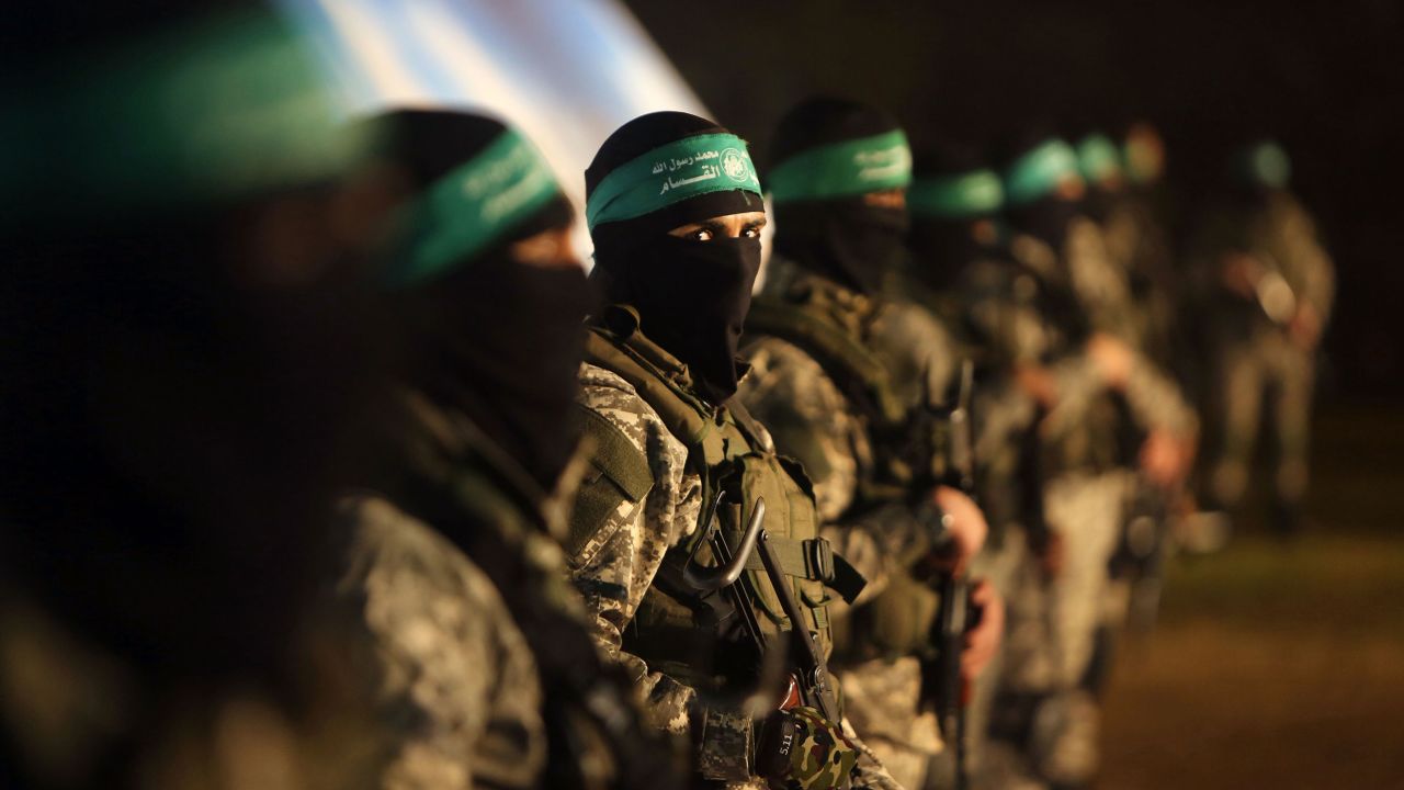 Members of the Ezzedine al-Qassam Brigades, the armed wing of the Hamas movement, seen in a gathering on January 31, 2016.