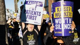 Healthcare workers strike in front of Kaiser Permanente Los Angeles Medical Center, as more than 75,000 Kaiser Permanente healthcare workers went on strike from October 4 to 7 across the United States, in Los Angeles, California, U.S. October 4, 2023. 