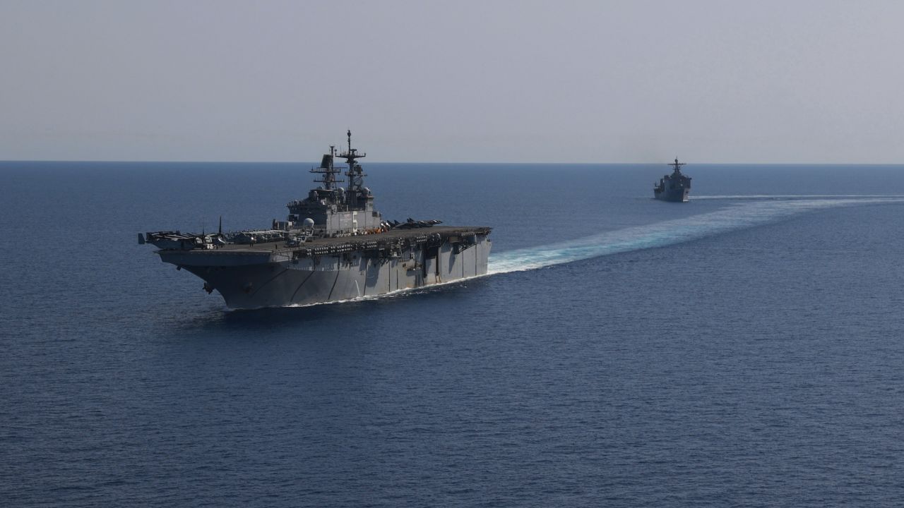 File photo released by the US Navy showing the amphibious assault ship USS Bataan, front, and the landing ship USS Carter Hall in the Red Sea in August 2023. 