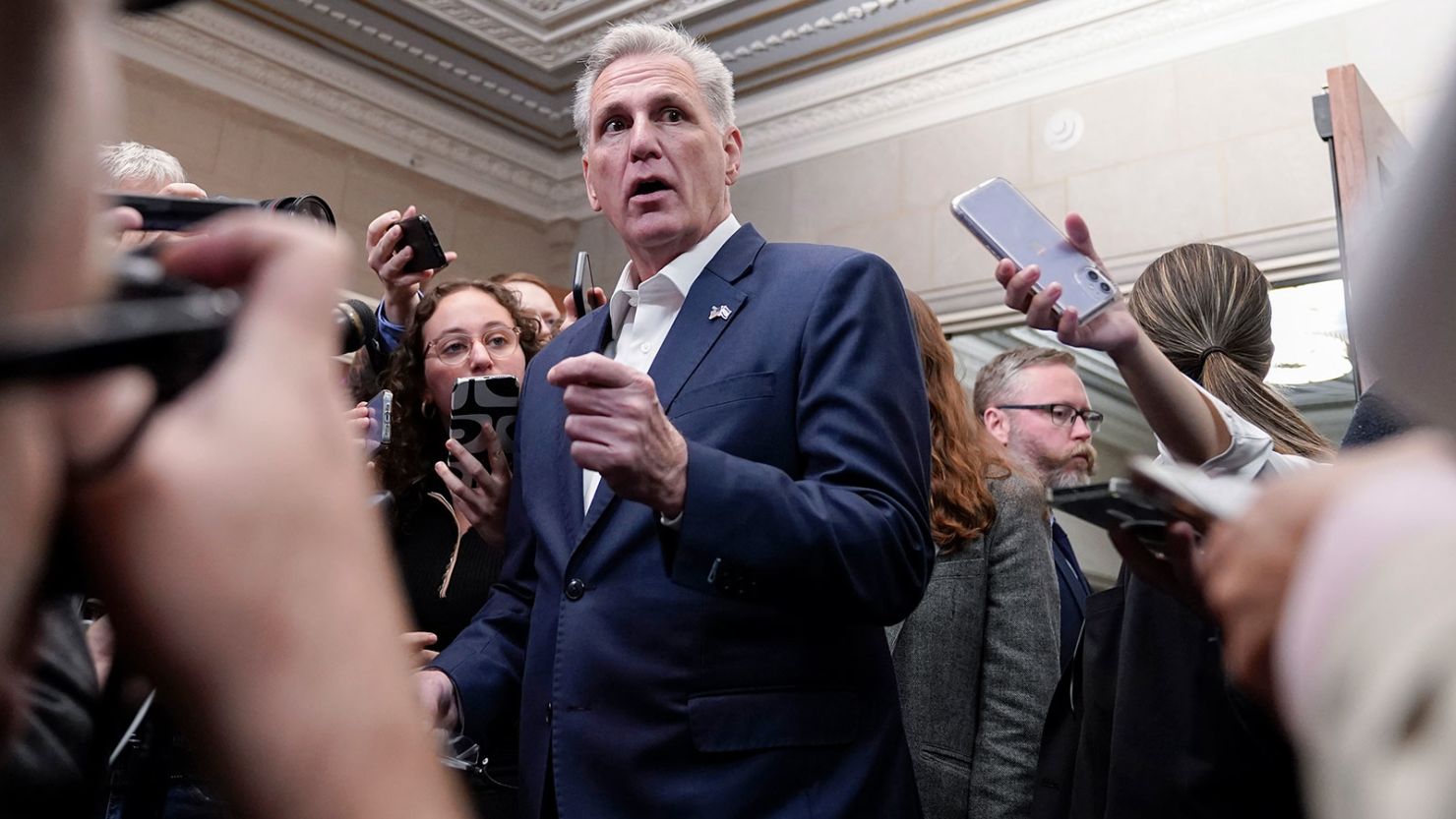 Former House Speaker Kevin McCarthy talks with reporters at the US Capitol in Washington, DC, on October 13, 2023.