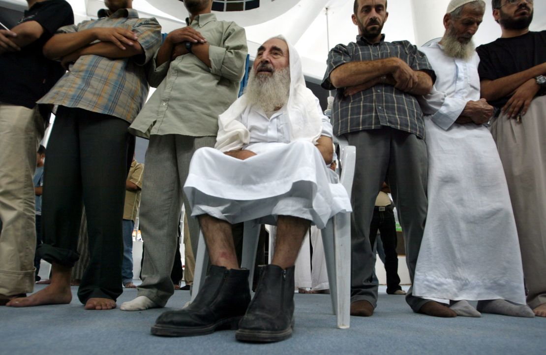 Sheikh Ahmed Yassin, the spiritual leader of the Islamic militant movement Hamas, prays in Gaza City September 6, 2003.