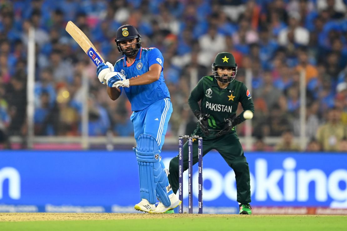 AHMEDABAD, INDIA - OCTOBER 14: Rohit Sharma of India bats during the ICC Men's Cricket World Cup India 2023 between India and Pakistan at Narendra Modi Stadium on October 14, 2023 in Ahmedabad, India. (Photo by Alex Davidson-ICC/ICC via Getty Images)