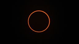 ALBUQUERQUE, NEW MEXICO - OCTOBER 14:  The moon completely crosses in front of the sun during the Annual Solar Eclipse on October 14, 2023 in Albuquerque, New Mexico.  Differing from a total solar eclipse, the moon in an annular solar eclipse appears too small to cover the sun completely, creating a "ring of fire" effect around the moon.  (Photo by Sam Wasson/Getty Images)