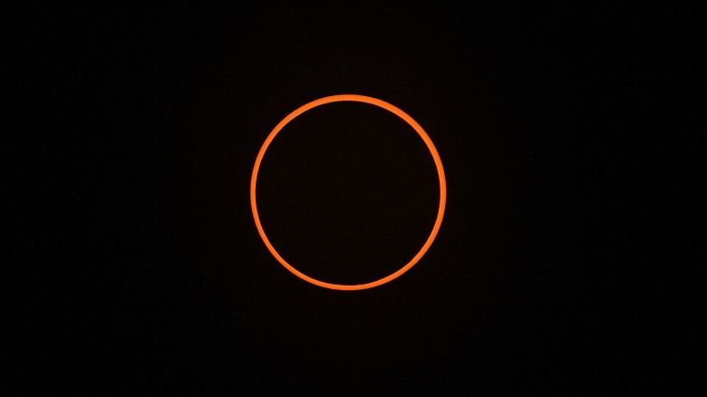 ALBUQUERQUE, NEW MEXICO - OCTOBER 14:  The moon completely crosses in front of the sun during the Annual Solar Eclipse on October 14, 2023 in Albuquerque, New Mexico.  Differing from a total solar eclipse, the moon in an annular solar eclipse appears too small to cover the sun completely, creating a "ring of fire" effect around the moon.  (Photo by Sam Wasson/Getty Images)