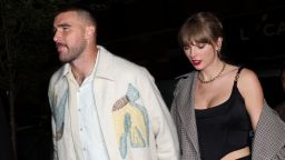 NEW YORK, NEW YORK - OCTOBER 14: Travis Kelce and Taylor Swift attend CATCH Steak on October 14, 2023 in New York City. (Photo by Johnny Nunez/WireImage)