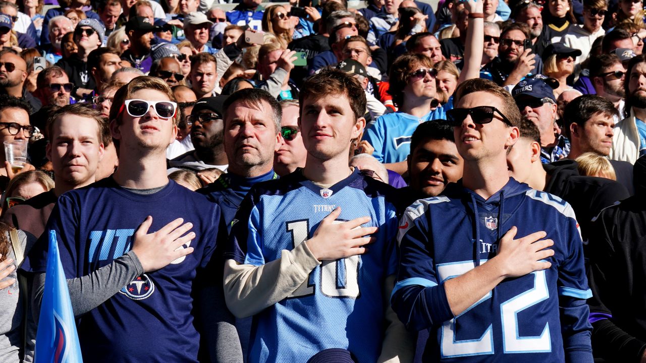 Tennessee Titans fans in the stands during the NFL international match at the Tottenham Hotspur Stadium, London.