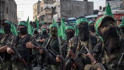 In this 2017 photo, Palestinian Hamas militants are seen during a military show in the Bani Suheila district in Gaza City, Gaza.