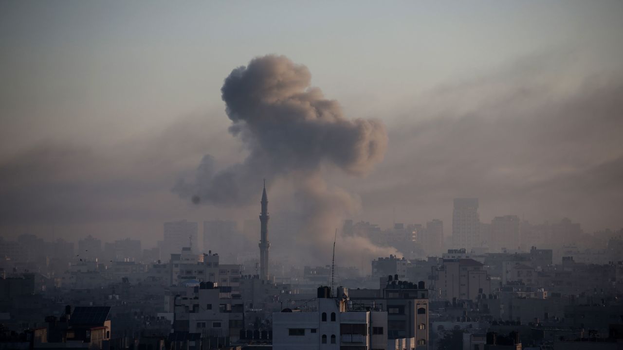 Smoke rises from Israeli raids on October 13, 2023 in Gaza City, Gaza. 
